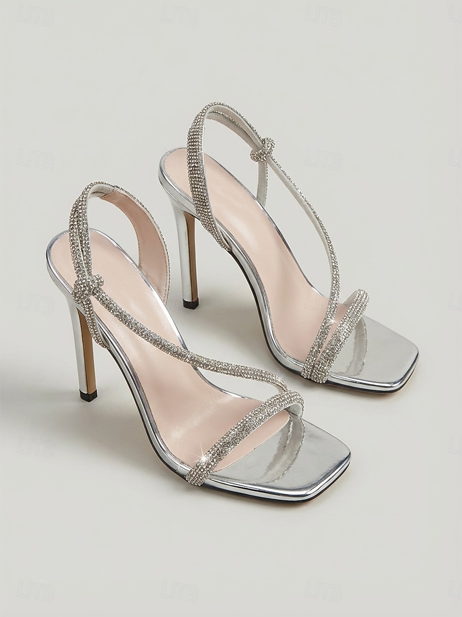 Sandalias de tacón de aguja plateadas con pedrería para mujer, zapatos elegantes de vestir con tira en T y punta abierta para cócteles y eventos nocturnos. &ocasiones formales 2026 - $42.99 –P4