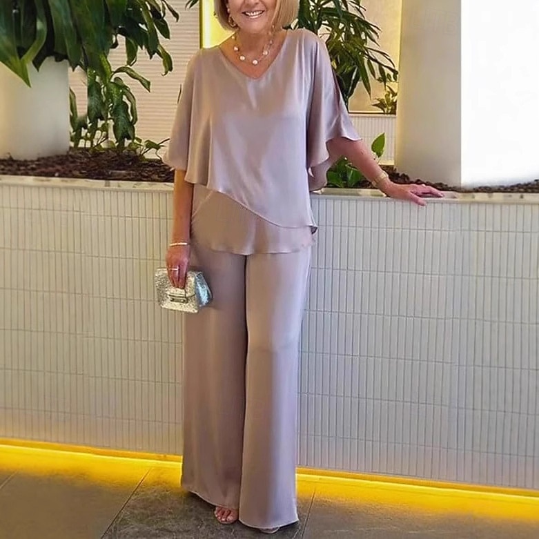 Femmes Chemisier Pantalons à Jambes Larges Manche 3/4 Col en V Uni A Volants Mode Streetwear Quotidien Occasionnel Quotidien Rose Claire Violet Kaki Printemps & Automne Coupe régulière de 2026 ? $15.49 –P1