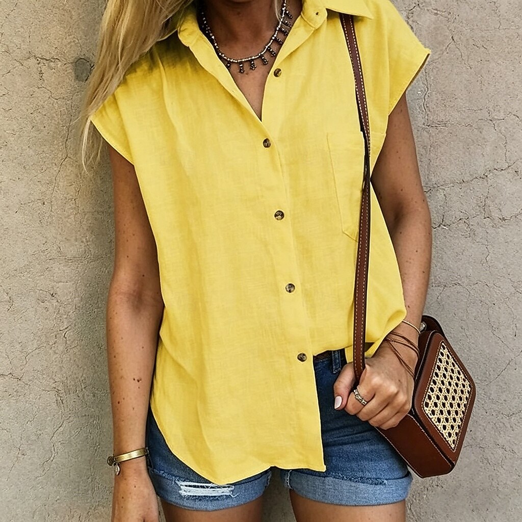 Women's Shirt Cotton Linen Shirts Beach Shirt Button Up Shirt Solid Color Plain Vacation Fashion Casual Sleeveless Turndown Regular Tops Streetwear Beach Holiday White Yellow Orange Light Blue Summer 2026 - $19.99 –P1