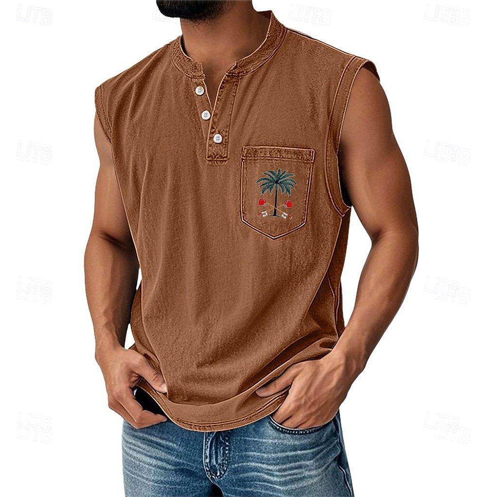 Per uomo Camicia 100% cotone lavaggio acido Maglietta senza maniche Senza Maniche Henley Estate Noce di cocco Casual Tinto in capo Sbiadito Lavaggio vintage Casuale Quotidiano Abbigliamento casual del 2026 a $35.99 –P2