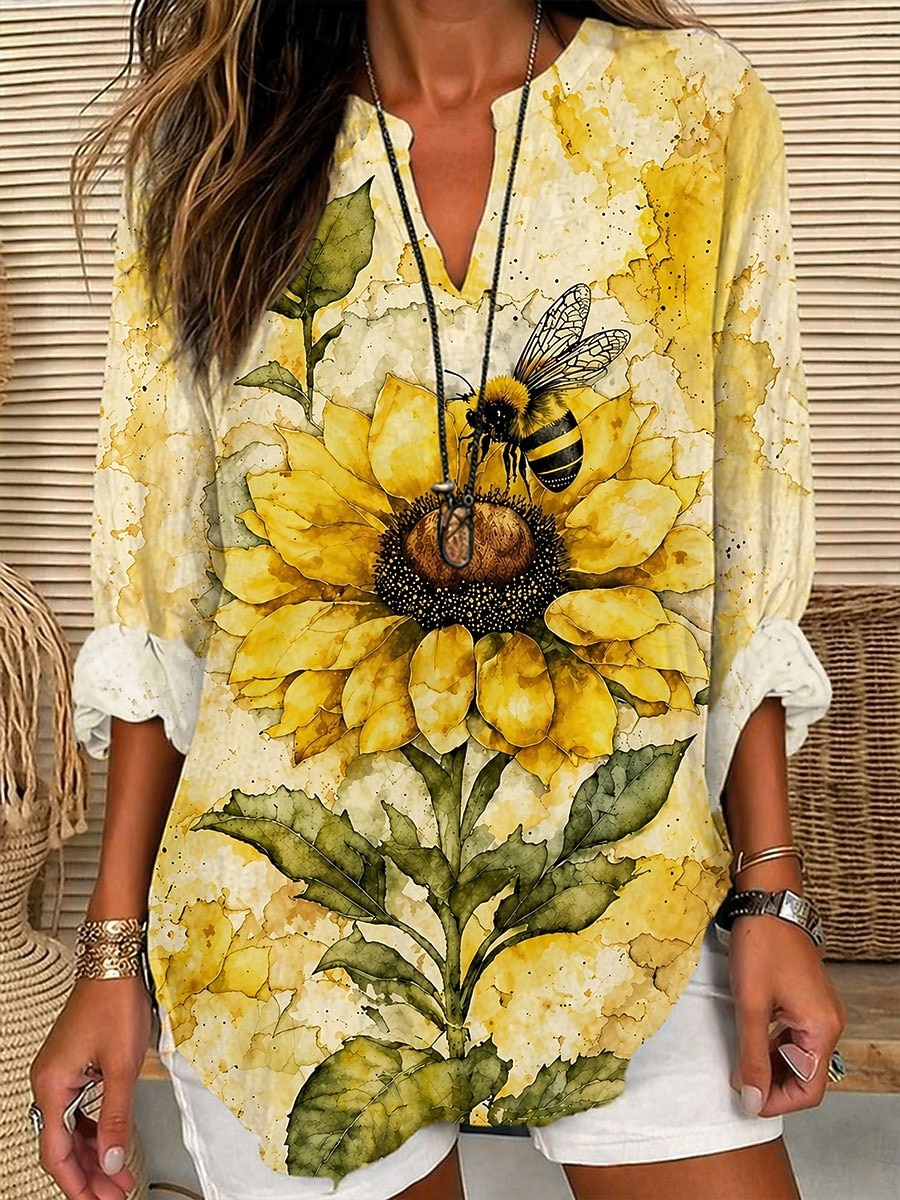 Mujer Camisa camisa boho Blusa Estampado Floral Graphic Vintage Diario Elegante Manga Larga Escote en Pico Tops largos Casual Diario Festivos Negro Verde Trébol Beige Verano Primavera 2026 - $32.99 –P1