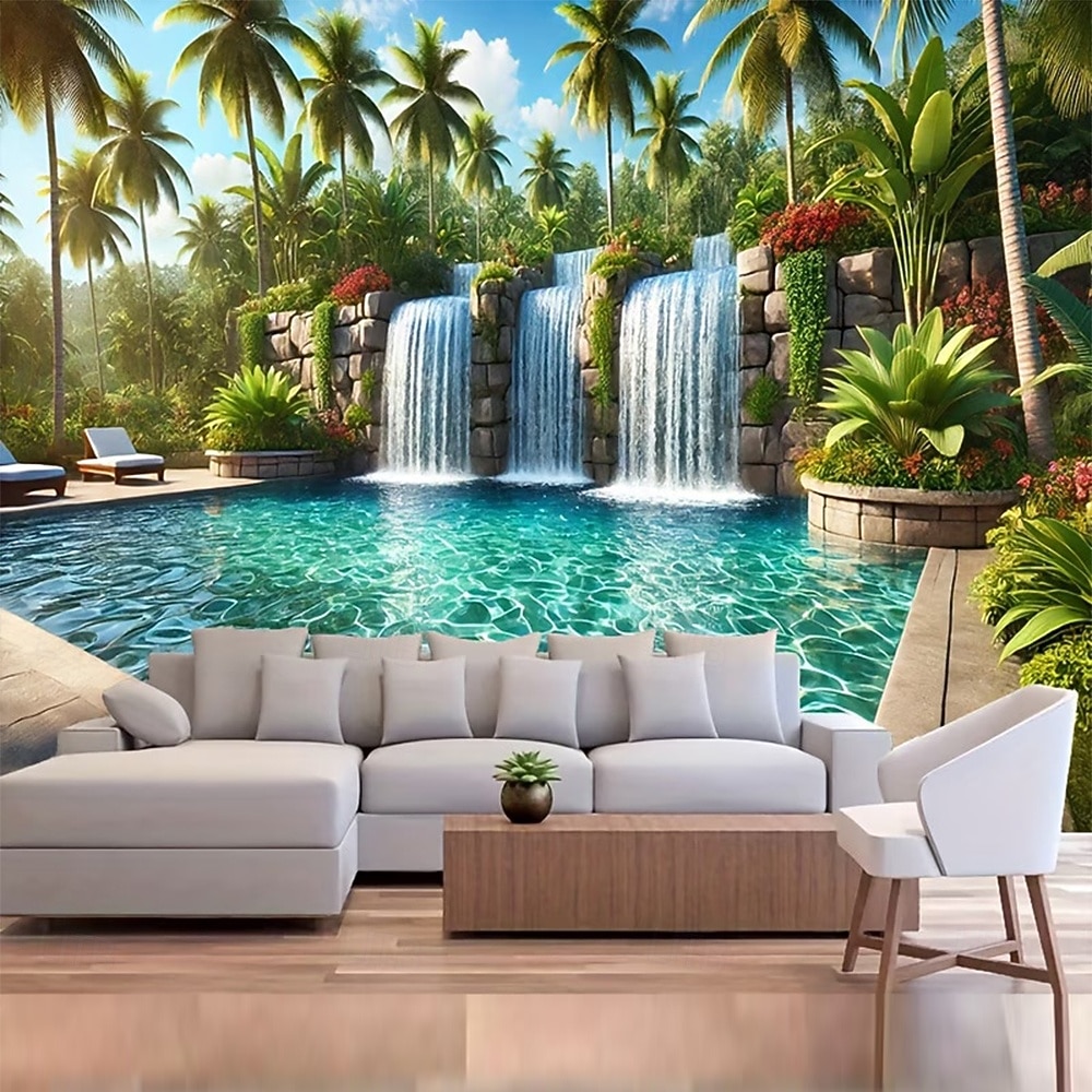 Paradis tropical, cascadă, piscină, palmieri, peisaj natural, tapiserie de perete, fundal textil mare, pentru living, dormitor, cămin, birou, decor de perete, artă murală 2026 - $20.99 –P2