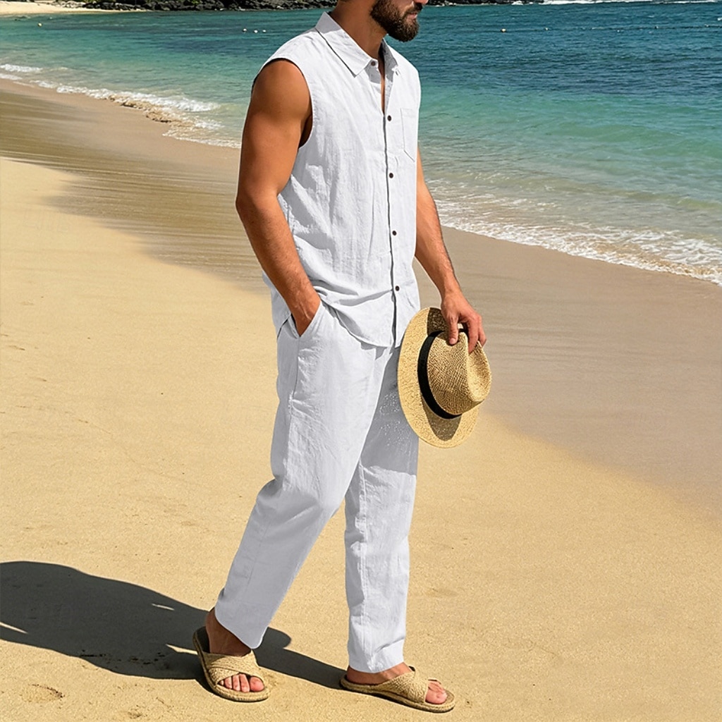 Male Linen Shirt 2 Piece Shirt Set And Linen Pants Trousers Casual Pants Set Plain Daily Outdoor Vacation Turndown Sleeveless Summer Fashion Casual Comfortable Clothing Apparel 2026 - $36.99 –P2