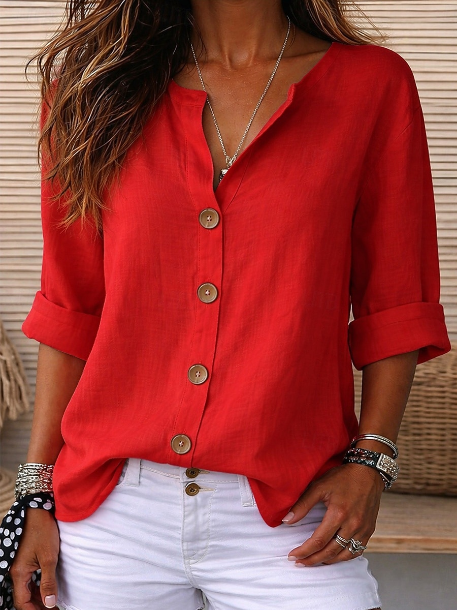 Blusa de mujer 100% algodón con botones, color liso, para uso diario informal, manga 3/4, cuello en V, tops regulares, para uso diario, negro, blanco, rojo, naranja, verde, verano, primavera, otoño 2026 - $27.99 –P1