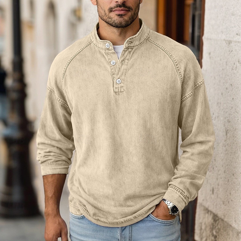 Camiseta SoftFade™ para hombres camiseta Henley 100% algodón camisa de lavado ácido camiseta camiseta de manga larga cuello de pie Henley primavera otoño simple vintage moda callejera casual teñida 2026 - $31.99 –P6