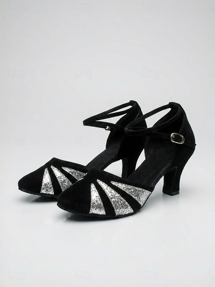 Zapatos de tacón de ante negro estilo Gran Gatsby de los años 20 para mujer: elegantes zapatos de salón rojos con purpurina y estampado de rayos de sol, con correa en el tobillo, ideales para fiestas 2026 - $34.99 –P6