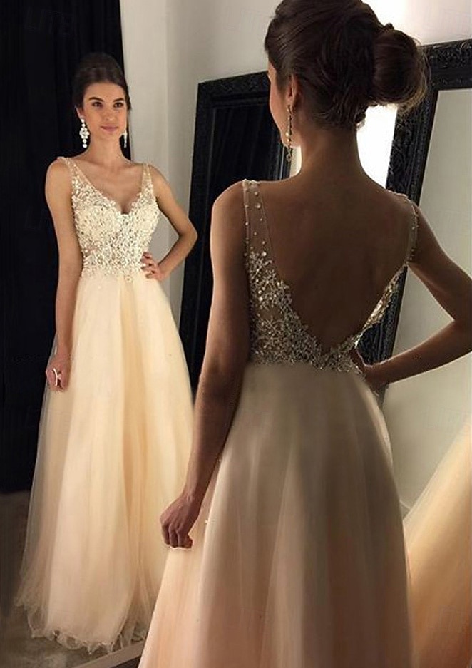 Ligne A Longueur au sol Robes de Bal Éclat & Brillance Dos Nu Sans manches Col en V Bal de promo Formel Tulle Dos en V avec Perlage Appliques de 2026 ? $201.29 –P6