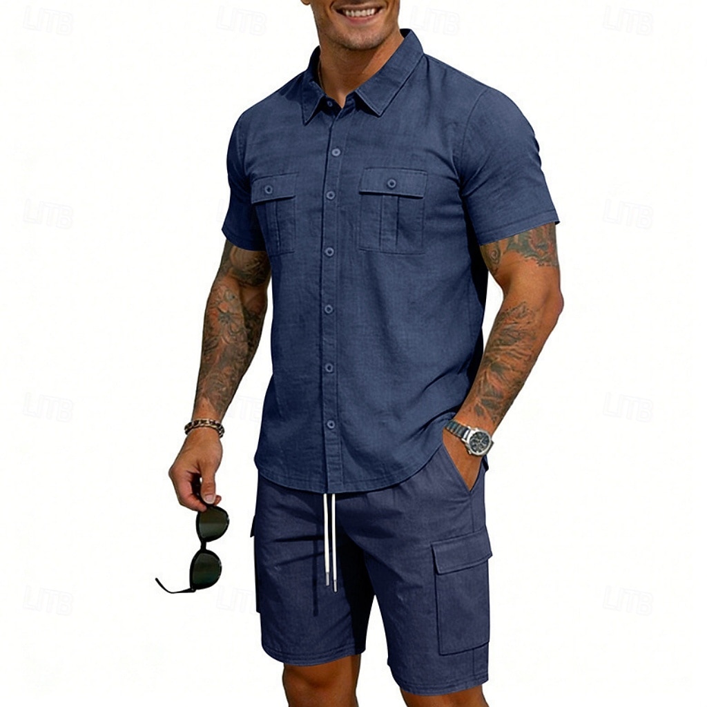 Homens Camisa de linho 2 Peças Conjunto de camisa E Bermuda Cargo Calção Shorts de linho Definir Tecido Diário Ao ar livre Férias Aberto para a Lateral Manga Curta Verão Moda Casual Confortável Roupa de 2026 por $32.99 –P12