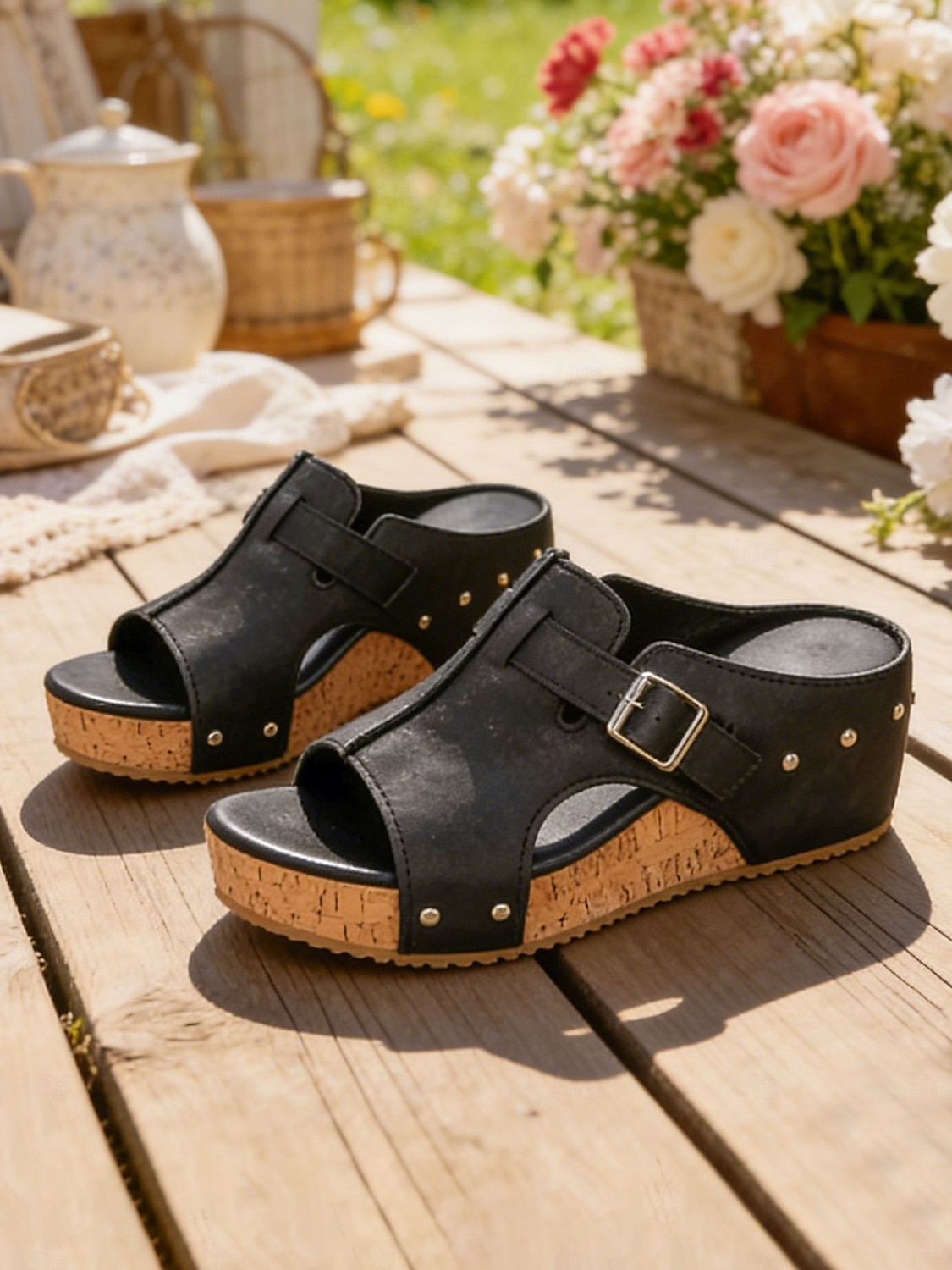Sandálias femininas pretas de plataforma com tachas - modelo casual com fivela e sola de cortiça, ideais para passeios no parque, brunch, compras e encontros em terraços. de 2026 por $32.99 –P4