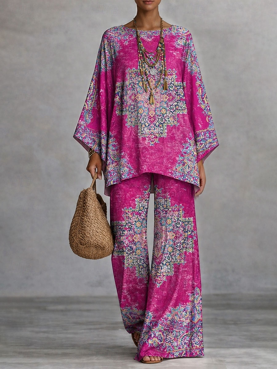 Women's Pants Sets Long Sleeve Round Neck Graphic Paisley Print Fashion Streetwear Casual Daily Outdoor Blue Pink Red Spring & Summer Loose Fit 2026 - $57.99 –P2
