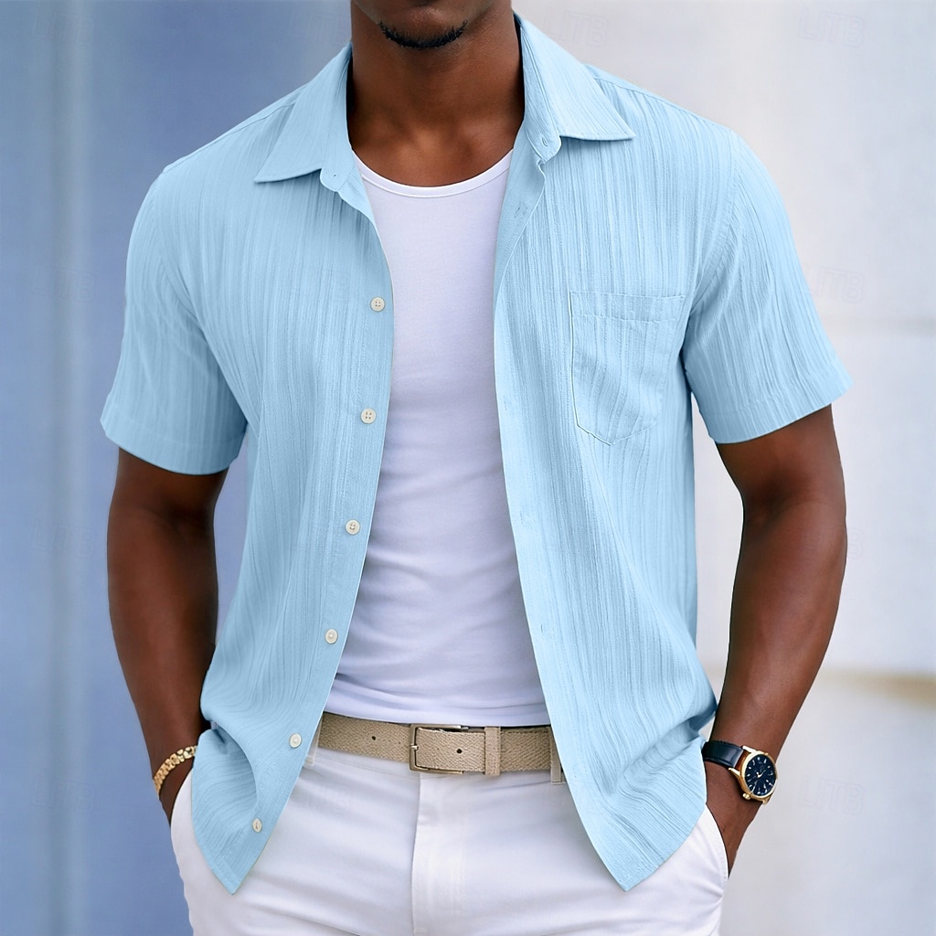 Men's Shirt Casual Shirt Beach Shirt Button Up Shirt Jacquard Shirt Black White Light Green Wine Blue Short Sleeve Solid Color Plain Lines / Waves Lapel Casual Streetwear Pocket Clothing Apparel 2026 - $20.99 –P10