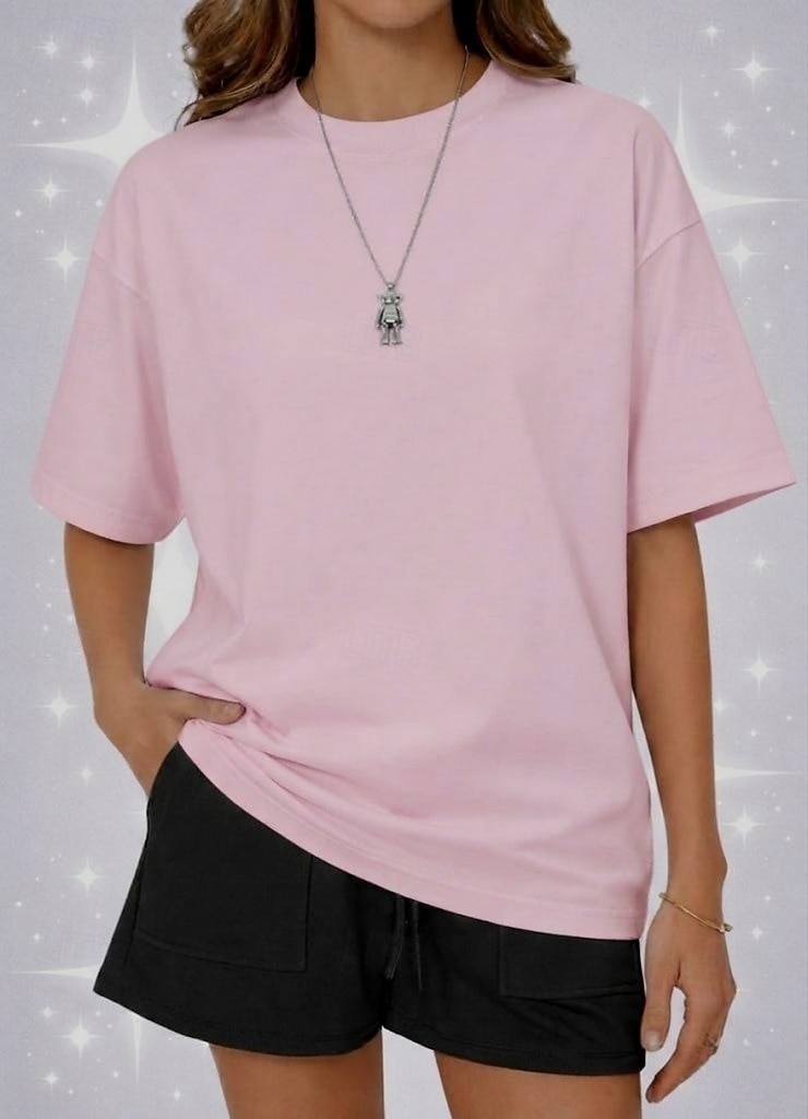 Camiseta de mujer de 100% algodón oversized camiseta de color sólido moda clásica casual de manga corta cuello redondo tops regulares para deportes salir diario verde salvia negro blanco amarillo 2026 - $24.99 –P11