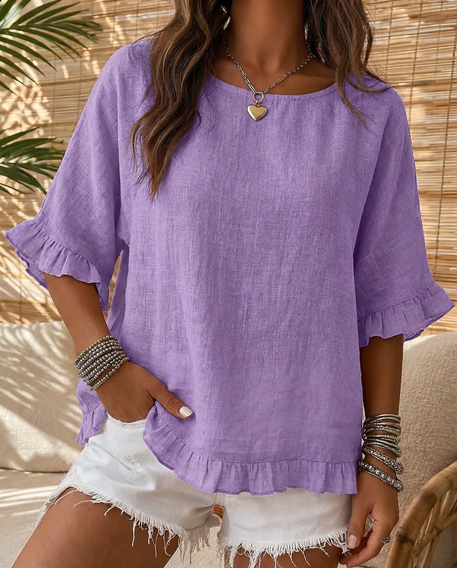 Women's Linen-feel Shirts Summer Tops Solid Color Vacation Vintage Short Sleeve Regular Tops Casual Blue Yellow Wine Red Light Purple Summer Spring 2026 - $22.99 –P6
