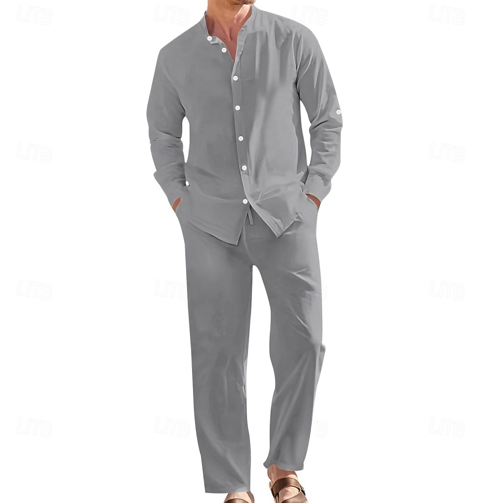 Homme Chemise en lin Deux pièces Ensemble Chemise Et Pantalons en Lin Pantalons Pantalon décontracté Set Uni Quotidien Extérieur Vacances Col grand-père manche longue Été Printemps Mode Occasionnel de 2026 ? $41.99 –P13
