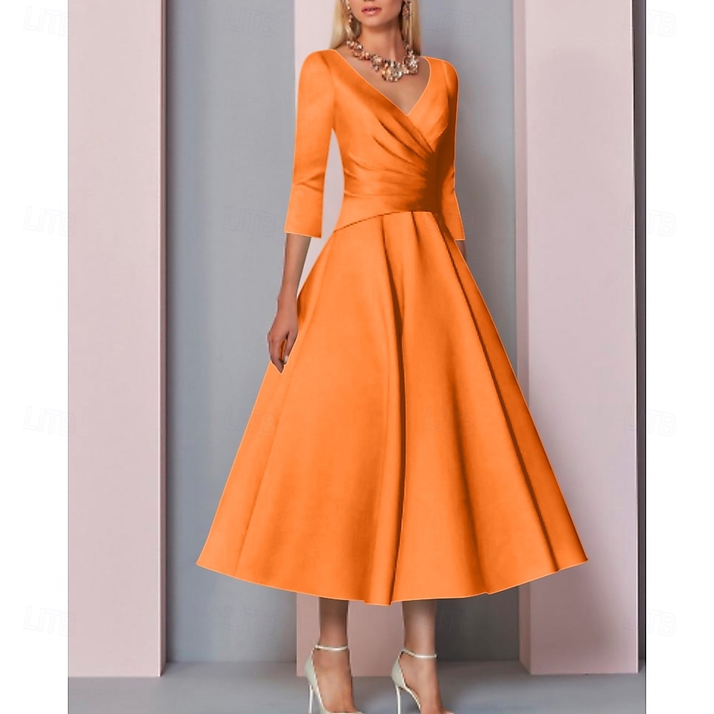 A-Linie Tee-Länge Cocktailkleider Partykleider Elegant Vintage Übergröße Dreiviertelarm V Ausschnitt Hochzeitsgast Satin mit Falten 2026 - $126.99 –P11