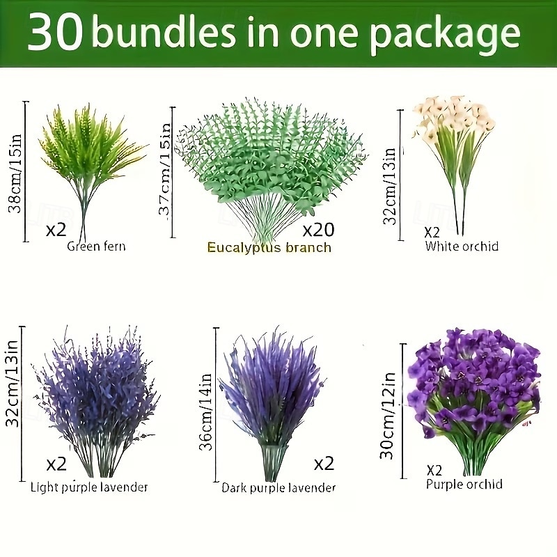 30 künstliche Blumenarrangements in Lila und Weiß mit Lavendel, Veilchen, Perserfarn und Eukalyptus, realistische, farbechte Seidenblumen für Garten, Zuhause, Hochzeit, Party, Balkon und Terrasse 2026 - $25.99 –P8