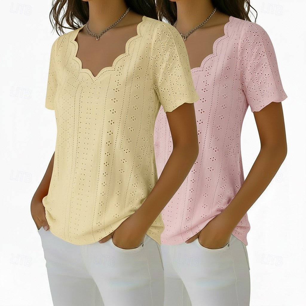 pachete multiple 2 buc bluză textură top cu ochiuri tricou simplu elegant de bază clasic mânecă scurtă decolteu în V topuri obișnuite casual zilnic plajă galben+negru 2026 - $38.99 –P3