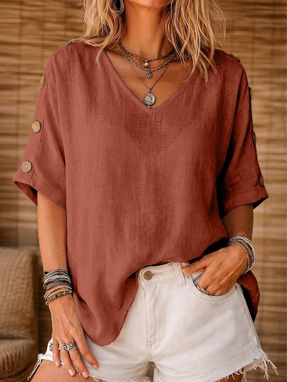 Per donna Camicia Camicie di cotone e lino Blusa Bottoni Tinta unica Essenziale Casual Manica Corta Manica a pipistrello Collo a U Top Regolari Casuale Quotidiano Bianco Giallo Verde chiaro Rosa Rosso del 2026 a $22.99 –P7