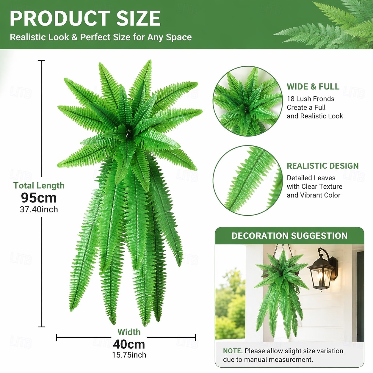 Sztuczna, wisząca paproć bostońska, odporna na promieniowanie UV, realistyczna, sztuczna roślina do użytku na zewnątrz, sztuczne paprocie, sztuczne paprocie, sztuczne rośliny, sztuczna paproć bostońska do dekoracji okna na werandzie 2026 - $16.99 –P2