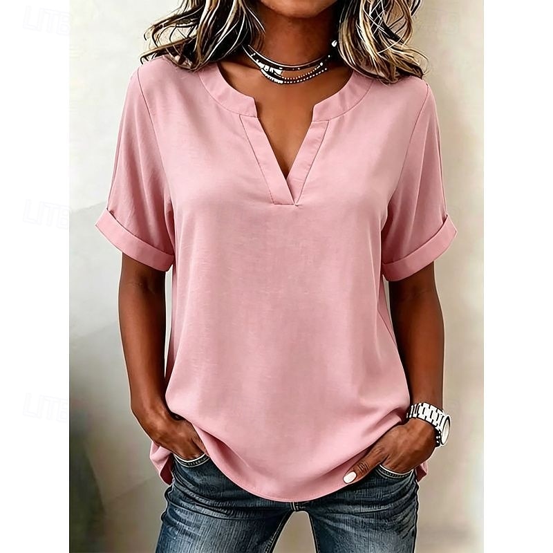 Mujer Blusa Color sólido Vintage Elegante Básico Manga Corta Escote en Pico Tops regulares Casual Diario Blanco Rosa Rojo Morado Verano Primavera 2026 - $26.99 –P6