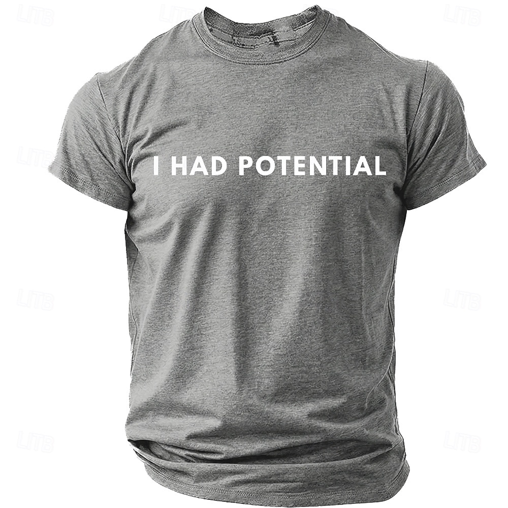 Heren T-shirt met de tekst "I had potential" (grappig, sarcastisch, minimalistisch, meme), normale pasvorm, begaafd, kind, burn-out, humor, casual, dagelijkse designerkleding, maten S, M, L, XL, XXL, 2026 - $19.99 –P7