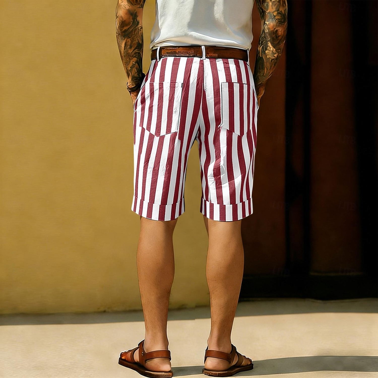 Hombre Pantalón corto Pantalones cortos de lino Pantalones cortos de verano Pantalones cortos de playa Bolsillo Cintura elástica A Rayas Comodidad Transpirable Longitud de la rodilla Casual Diario 2026 - $24.99 –P9