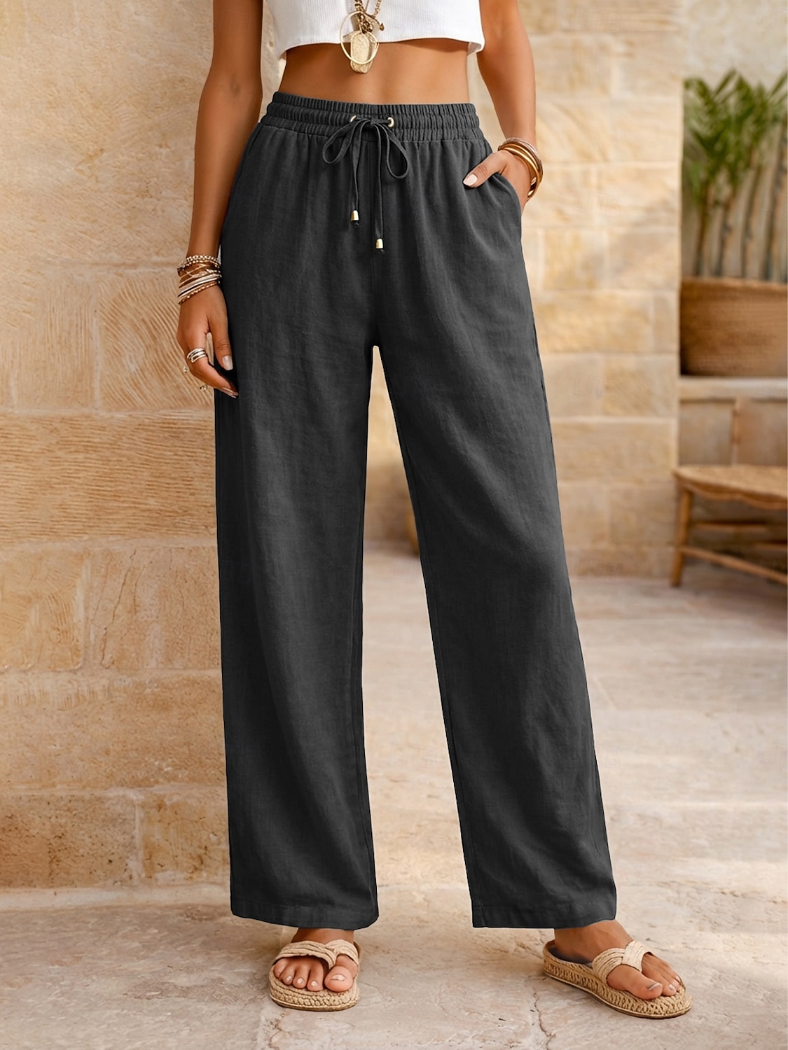 Women's Cotton Linen Pants Summer Pants Pants Trousers Vacation Basic Casual Daily Full Length Natural Plain Drawstring Front Pocket Comfort Breathability Comfortable Inelastic Daily Going out Weekend 2026 - $22.99 –P14