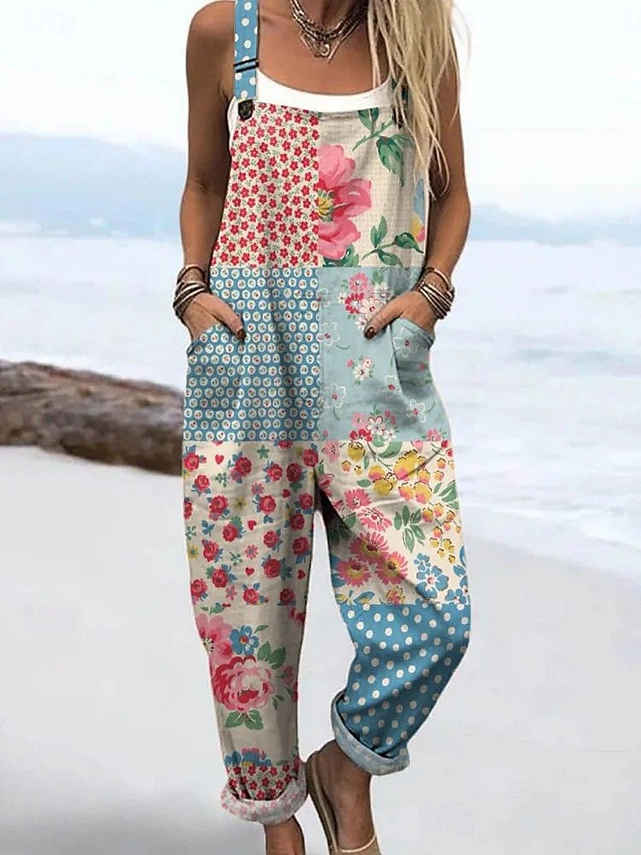 Women's Overall Active Floral Sleeveless Sleeveless Straight Square Neck Patchwork Pocket Daily Beach Loose Fit Pink Orange Green Summer 2026 - $45.99 –P1