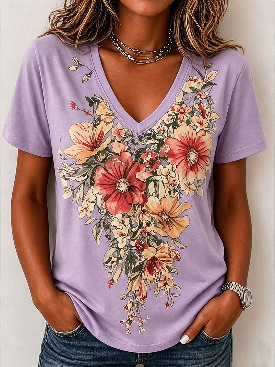 Per donna Maglietta Stampato Floreale Grafico Elegante Classico Casual Manica Corta Scollo a V Top Regolari Casuale Quotidiano Blu Rosa Viola Verde Beige Estate Primavera del 2026 a $21.99 –P2