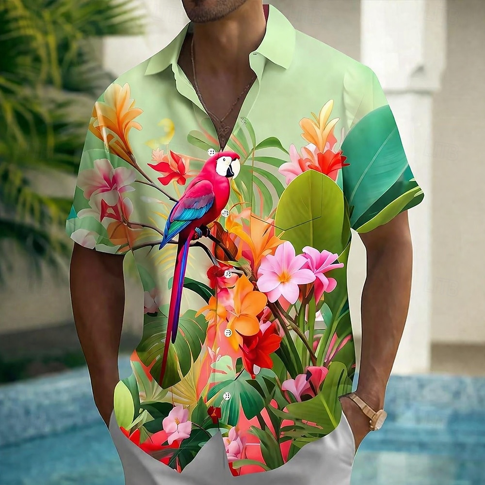 Men's Parrot Tropical Plants Flowers Summer Hawaiian Shirt Button Up Shirt Aloha Shirt Short Sleeve Hawaiian Vacation Summer Spring Turndown 3D Print Collared Shirts Front One Pocket Blue Pink Red 2026 - $25.99 –P4