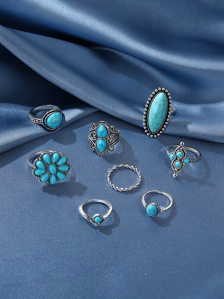 Női bohém ötvözetből és türkizből készült gyűrűszett, 8 darabos, egymásra rakható vintage ujjpercgyűrűk tengerparti nyaraláshoz, hétköznapi nyári öltözékekhez és mindennapi bohém viselethez 2026 - $11.99 –P3