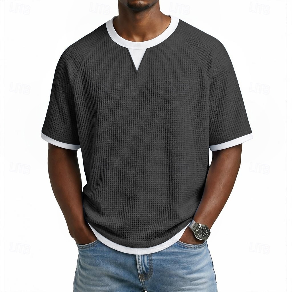 Herren Waffel T-Shirt T-Shirt Kurzarm V Ausschnitt Sommer Frühling Ganzjahres Einfarbig Texture Mode Designer Lässig 2 in 1 Raglanärmel Lässig Täglich Outdoor Hellblau Schwarz Hellgrün Top T-Shirt 2026 - $18.99 –P8