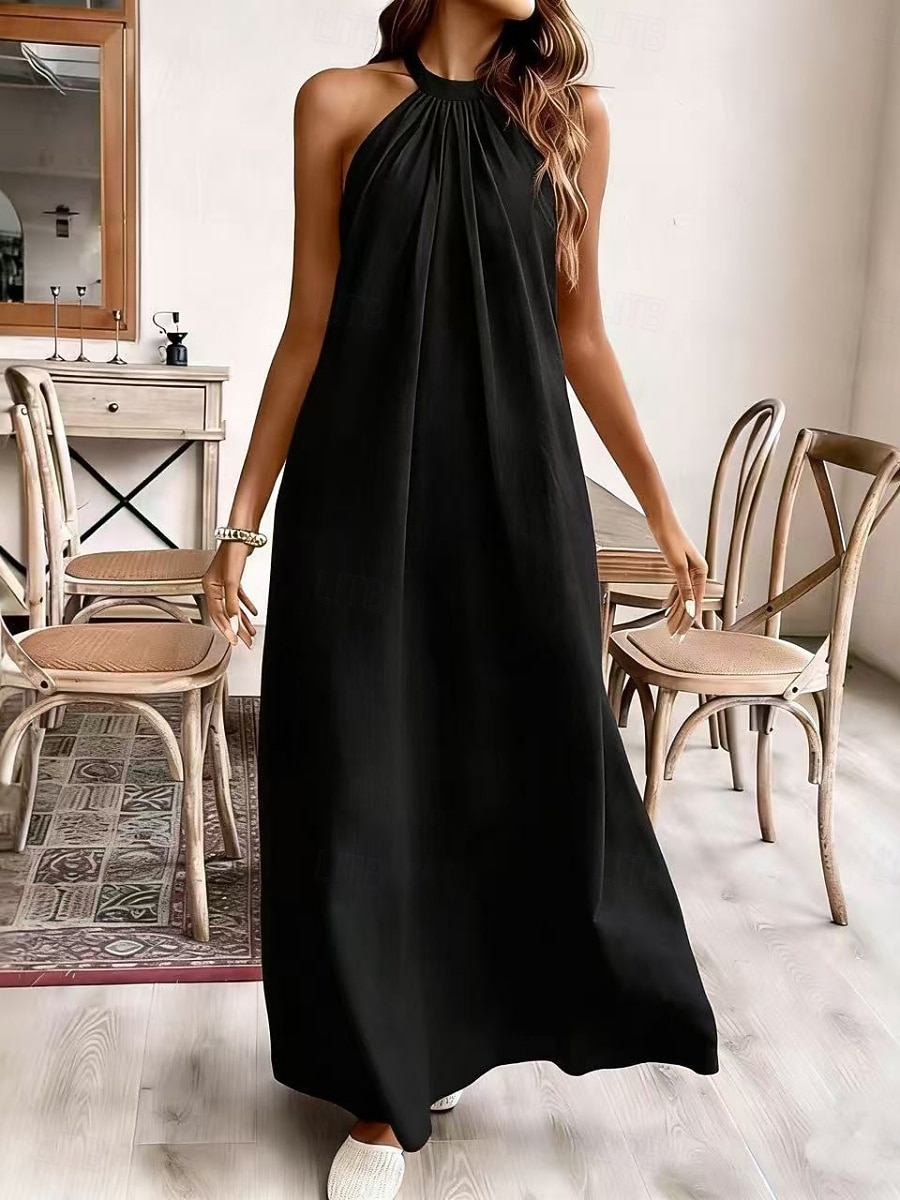Women's Maxi Faux Cotton Linen Dress Shift Dress Summer Dress Casual Daily Loose Fit Plain Sleeveless Halter Neck Black White Yellow Purple Summer Spring 2026 - $28.99 –P6