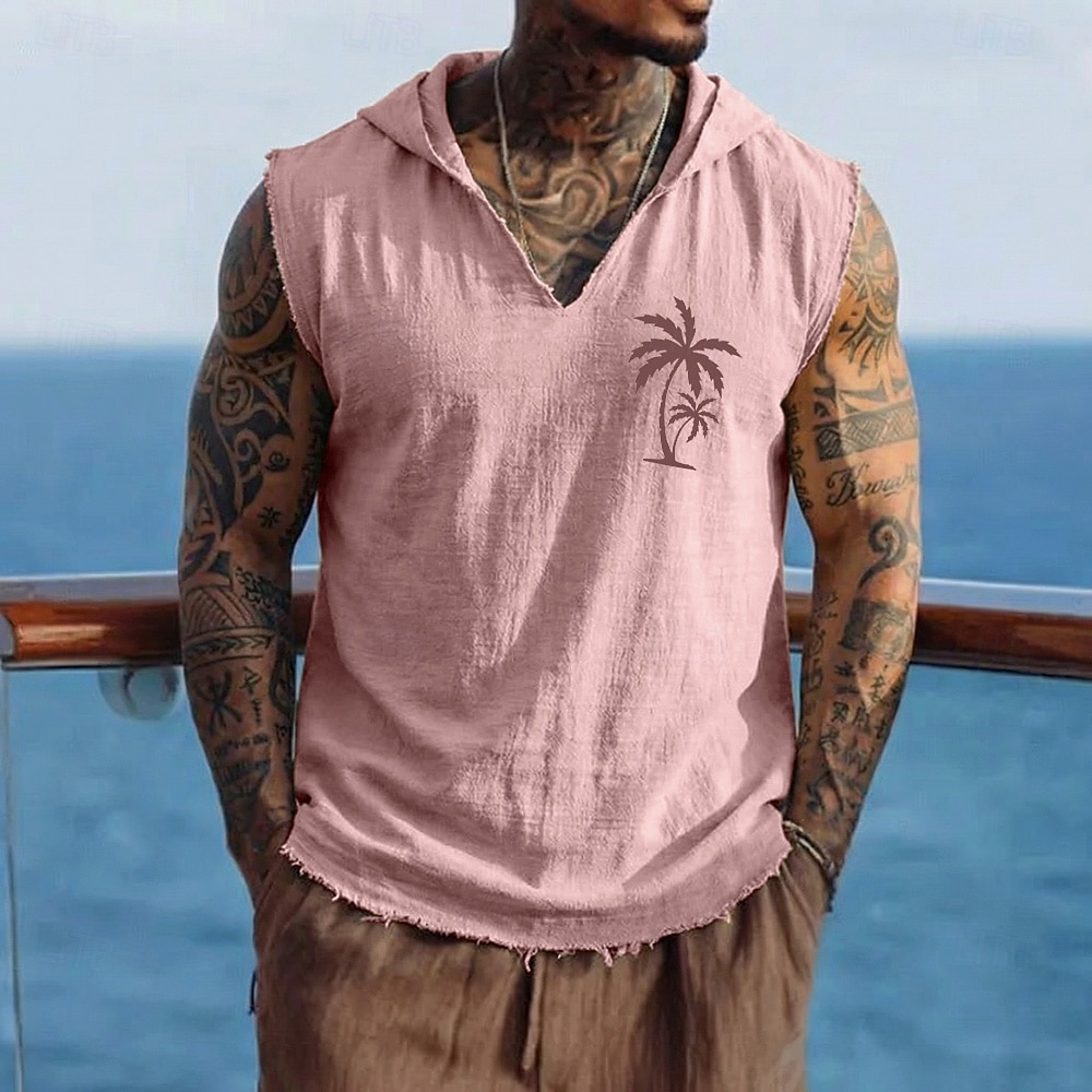 Chaleco con capucha sin mangas para hombre, estilo bohemio tropical costero, con estampado de palmeras, de algodón y lino, con dobladillo deshilachado, corte holgado, ideal para la playa, vacaciones 2026 - $19.99 –P3