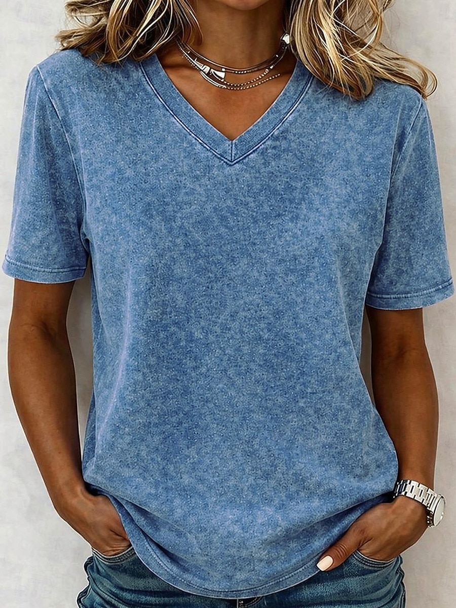 Damen T Shirt Baumwollhemd T-Shirt Gerafft Einfach Vintage Mode Stilvoll Kurzarm V Ausschnitt Normale Oberteile Lässig Täglich Ausgehen Blau Violett / Blau Schwarz Armeegrün Purpur Sommer Frühling 2026 - $21.99 –P7