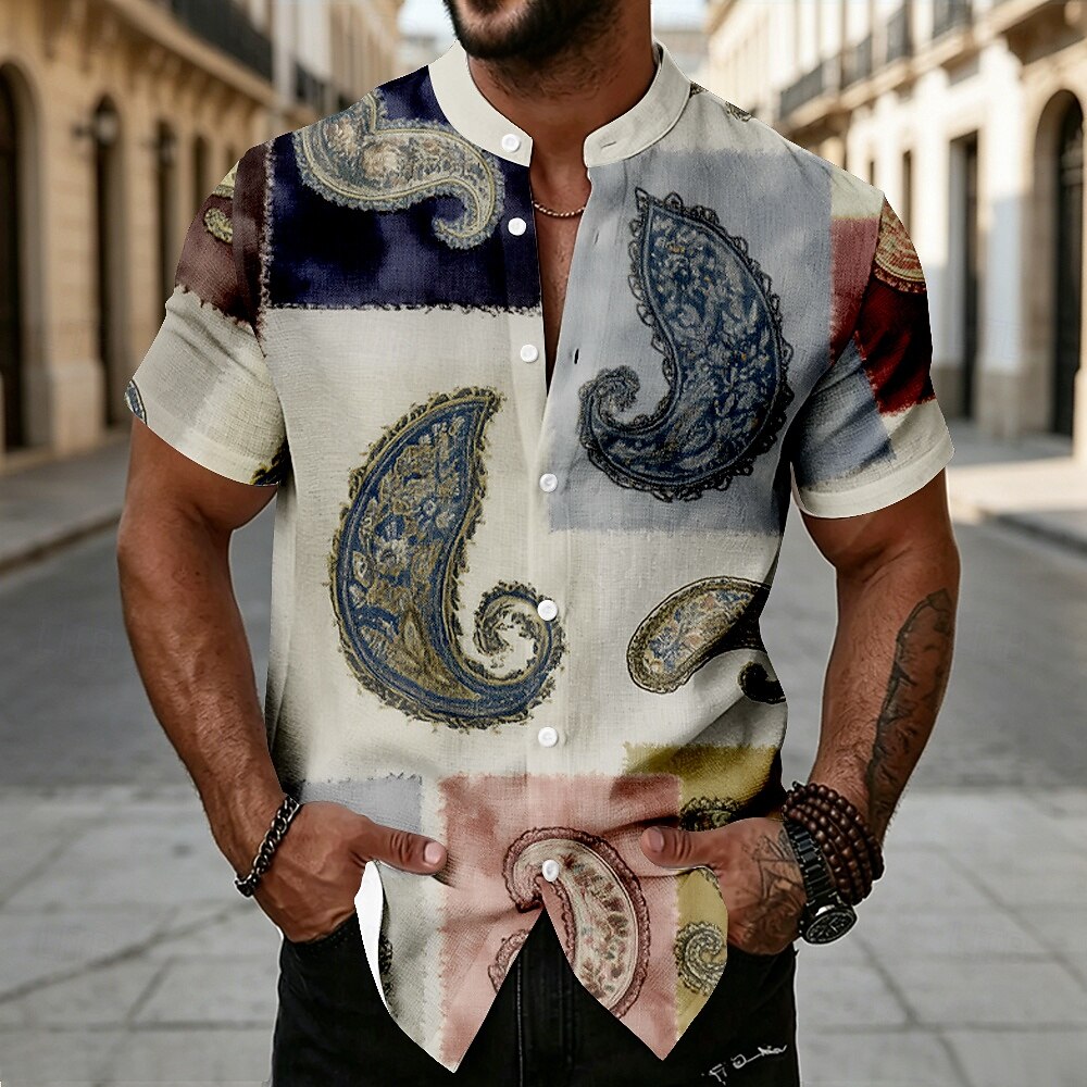 Men's Paisley Patchwork Floral Print Shirt Button Up Shirt Stand Collar Shirt Short Sleeve Ethnic Vintage Retro Vacation Dailywear Beach Wear Summer Spring Mandarin Collar 3D Print Linen Like Shirt 2026 - $25.99 –P3