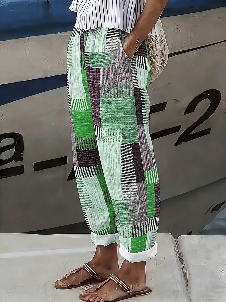 Per donna Pantaloni effetto lino Gamba larga Pantaloni casual Pantaloni Estivi Vacanza Moda Streetwear Lunghezza alla caviglia Misura del girovita medio Grafico A righe Astratto Coulisse Patchwork del 2026 a $31.99 –P4
