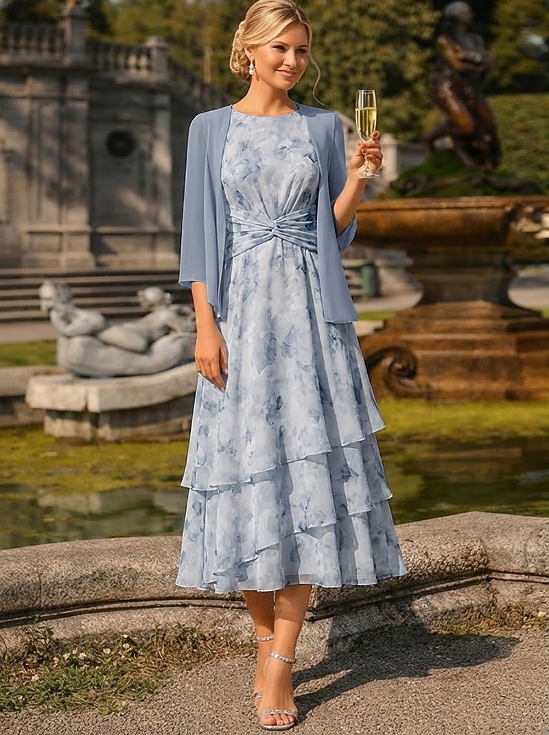 Duas Peças Linha A Longuette Vestido de convidada de casamento Vestido Para Mãe dos Noivos Sem Manga Manga 3/4 Gola Redonda Elegante Simples Minimalista Formal Semi formal Chiffon Jacquard com de 2026 por $174.99 –P5