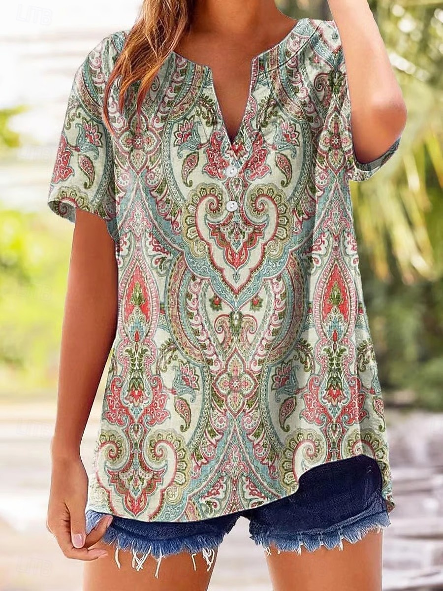 Per donna Camicia Bottoni Stampato Floreale Grafico Paisley Elegante Classico Casual Manica Corta Scollo a V Top lunghi Casuale Quotidiano Uscire Blu Arancione Estate Primavera del 2026 a $26.99 –P1