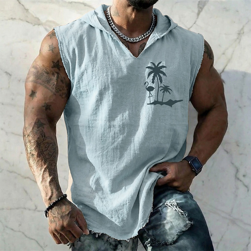 Men's Flamingo Palm Tree Tropical Boho Vintage Sleeveless Hooded Vest Graphic Cotton Linen Frayed Raw Hem Loose Fit Beach Vacation Designer Clothing Apparel S M L XL XXL XXXL 2026 - $19.99 –P4