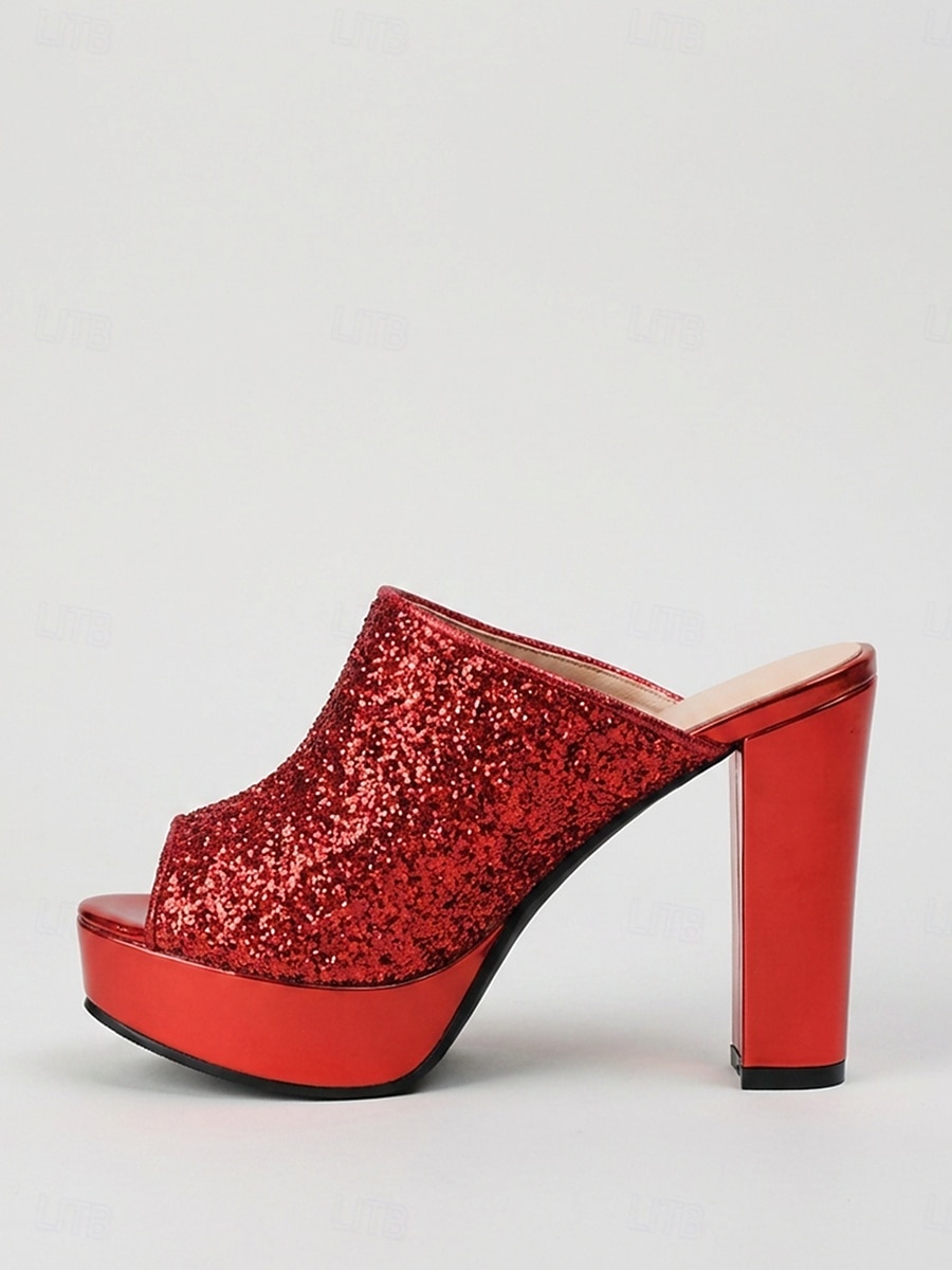 Rode glitter platform muiltjes voor dames – stevige instapsandalen met blokhak voor de nachtclub of een feestje. &een glamoureuze avond uit 2026 - $54.99 –P5