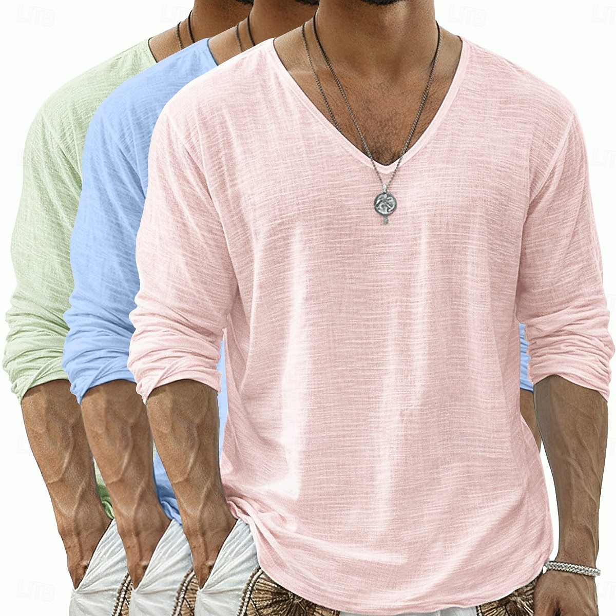 Per uomo Maglietta Maglietta in lino Manica Lunga Scollo a V Primavera & Estate Estate Primavera Tinta unica Semplice Quotidiano Casual Stile da Strada 3 pezzi Puro Confezione multipla Casuale del 2026 a $40.99 –P19