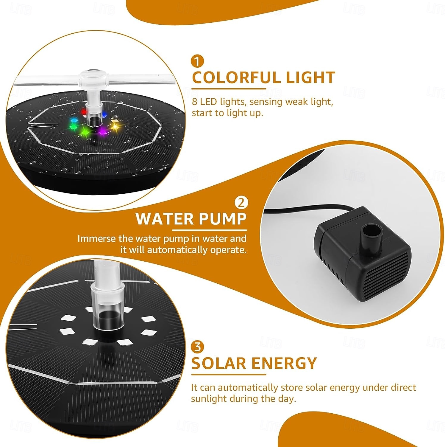 Фонтан-купальня для птиц на солнечных батареях с RGB-светодиодным насосом и разноцветной светодиодной подсветкой для сада, небольшого пруда, открытого бассейна и аквариума. 2026 - $39.99 –P5