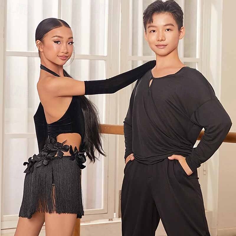 Junior Latin Dance Costume - Black Fringe Dress with Halter Neck, 3D Flowers & Mesh Sleeves for Performance 2026 - $220.49 –P8