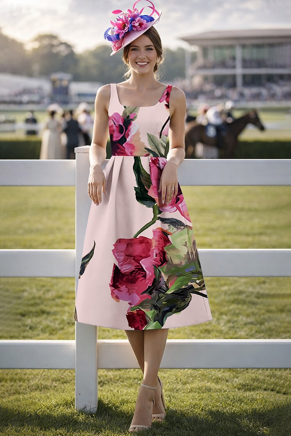 Linea ad A Lunghezza alla caviglia Abito Derby Abito da cerimonia per signora Senza Maniche Scollo Tondo Elegante Vintage Derby del Kentucky Raso con Stampa floreale Fiore Stampa del 2026 a $183.99 –P1