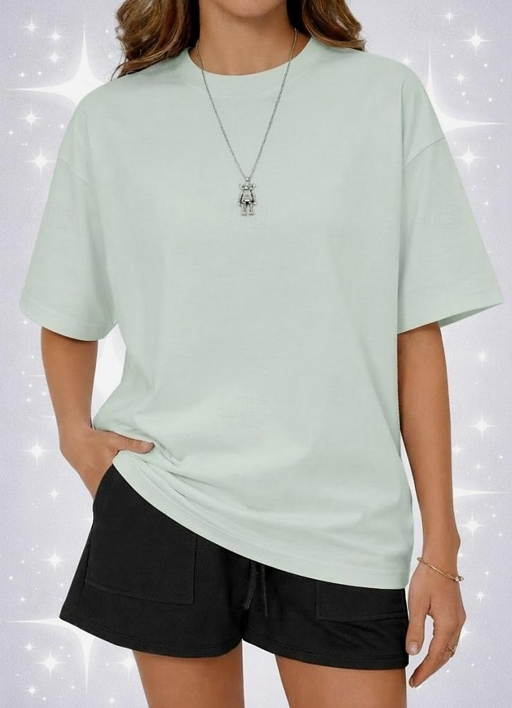 Camiseta de mujer de 100% algodón oversized camiseta de color sólido moda clásica casual de manga corta cuello redondo tops regulares para deportes salir diario verde salvia negro blanco amarillo 2026 - $24.99 –P8