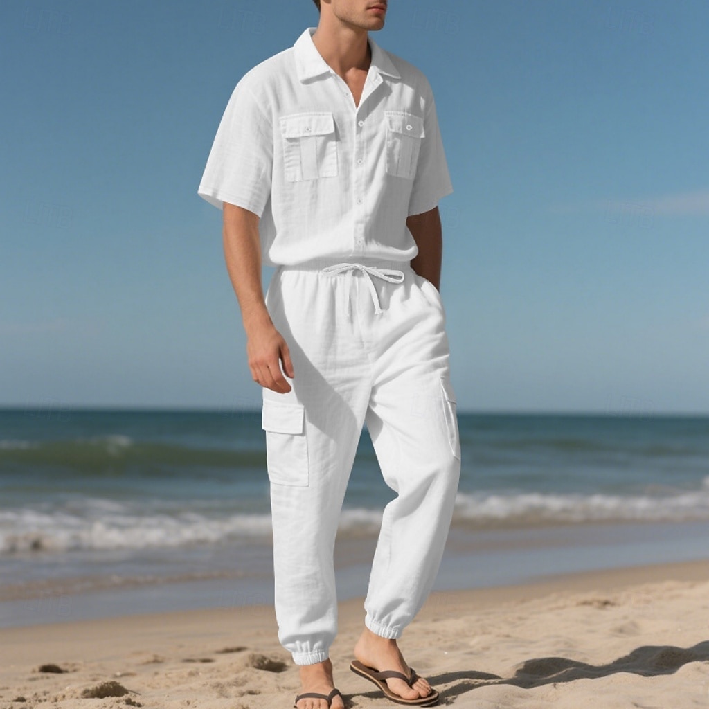Men's Linen Shirt 2 Piece Shirt Set And Cargo Pants Linen Pants Trousers Set Plain Casual Daily Outdoor Turndown Short Sleeves Summer Fashion Casual Comfortable Clothing Apparel 2026 - $36.99 –P5