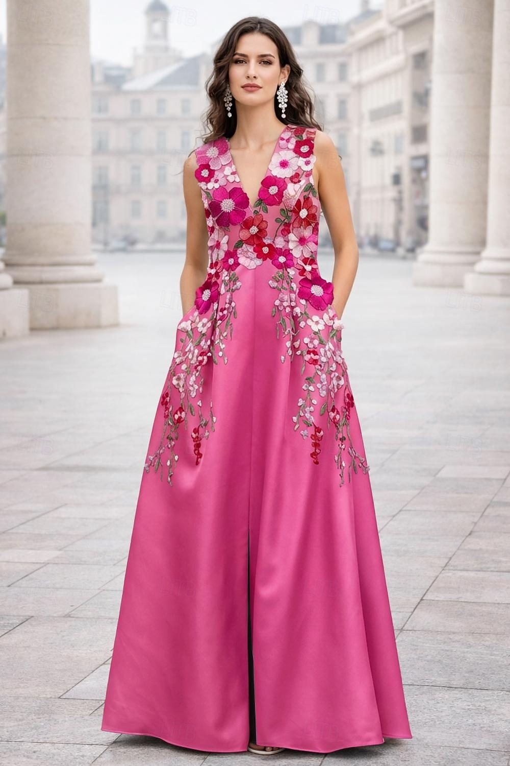 Corte A Hasta el Suelo Vestidos de noche Elegante Estilo de Celebridad Princesa Sin Mangas Escote en Pico Fiesta de jardin Boda Bolsillo Satén con Flor bordada Plisado Bordados 2026 - $171.99 –P1