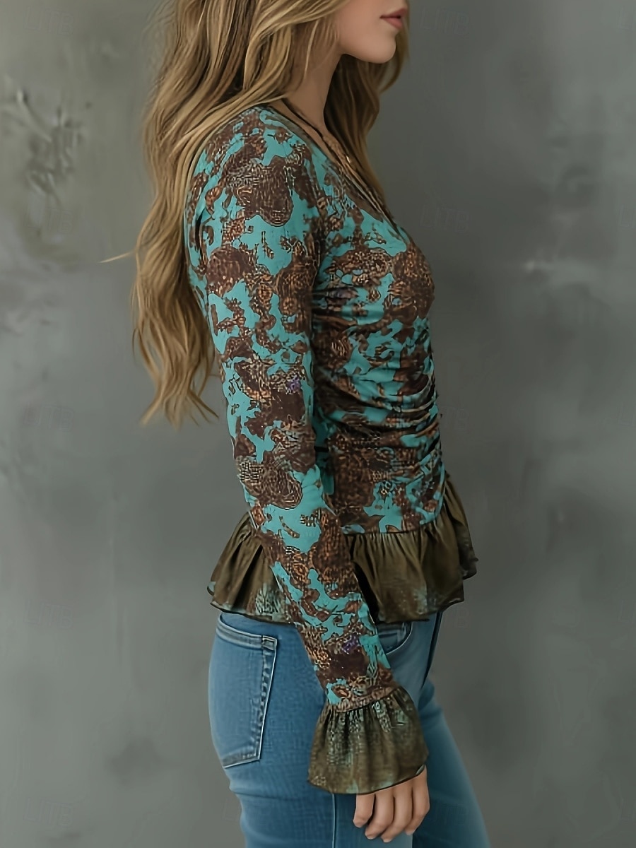 Women's Shirt Blouse Long Sleeve Tops Ruffle Shirt Patchwork Buttons Floral Stylish Classic Modern Long Sleeve V Neck Regular Tops Daily Holiday Going out Green Summer Spring 2026 - $32.99 –P3