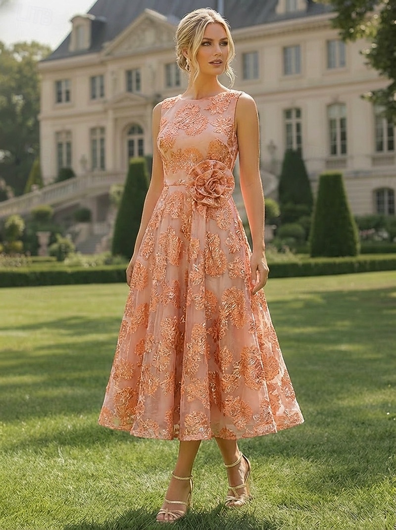 tea length garden party dresses Pink Flowers Mint Tea Length Forest Formal Wedding Dress